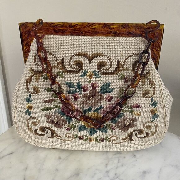 Vintage Handbag Needlepoint Floral Tortoise Handle Strap Mirror Comb Coin Purse - Picture 2 of 16